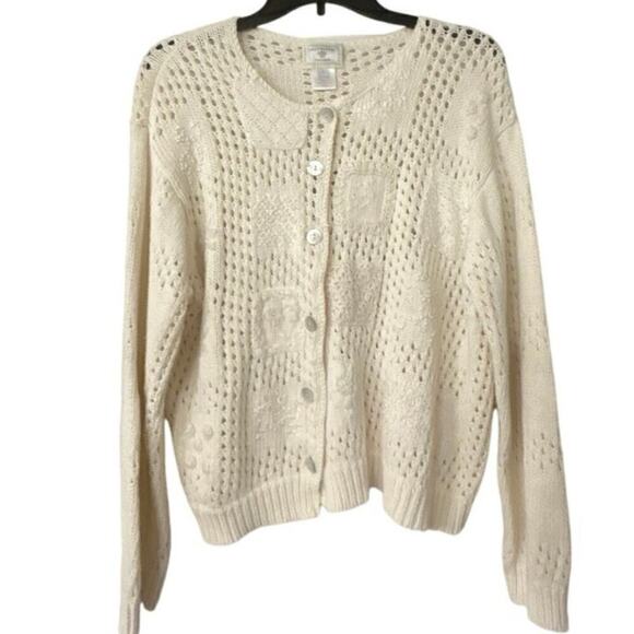 SUSAN BRISTOL Hand Embroidered  Linen & Cotton Blend Patchwork Cardigan Vntg L - Picture 1 of 10